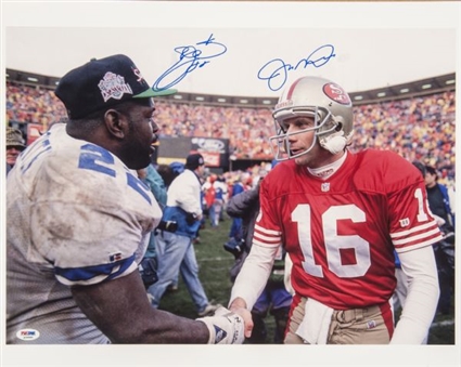 Joe Montana/Emmitt Smith Dual Signed 16x20-inch 1992 NFC Championship Game Photograph and Walter Payton Single Signed 8x10-inch Framed “A Legend Among Us” Display